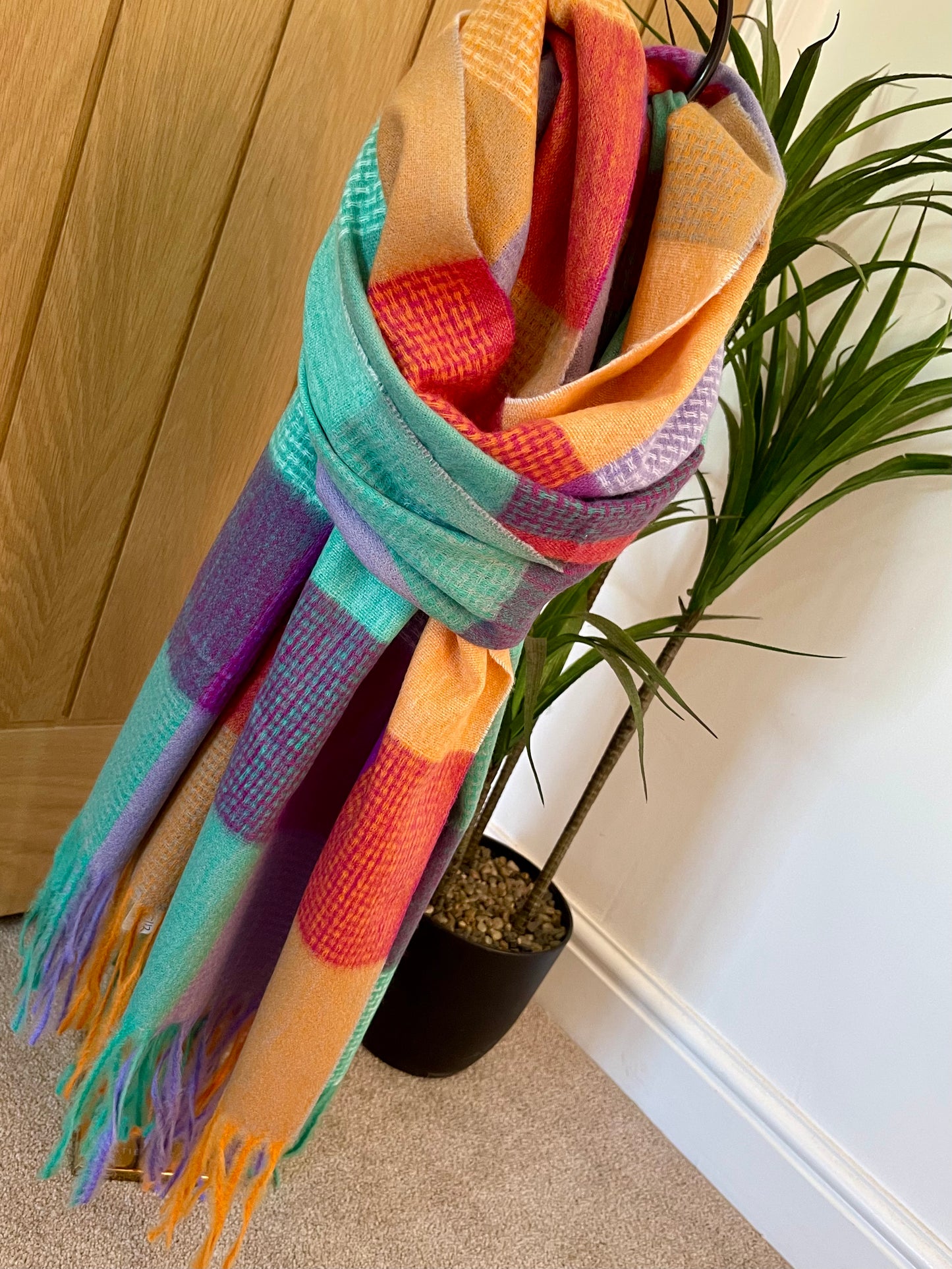 Multi Colour Check Scarf With Tassel Fringe