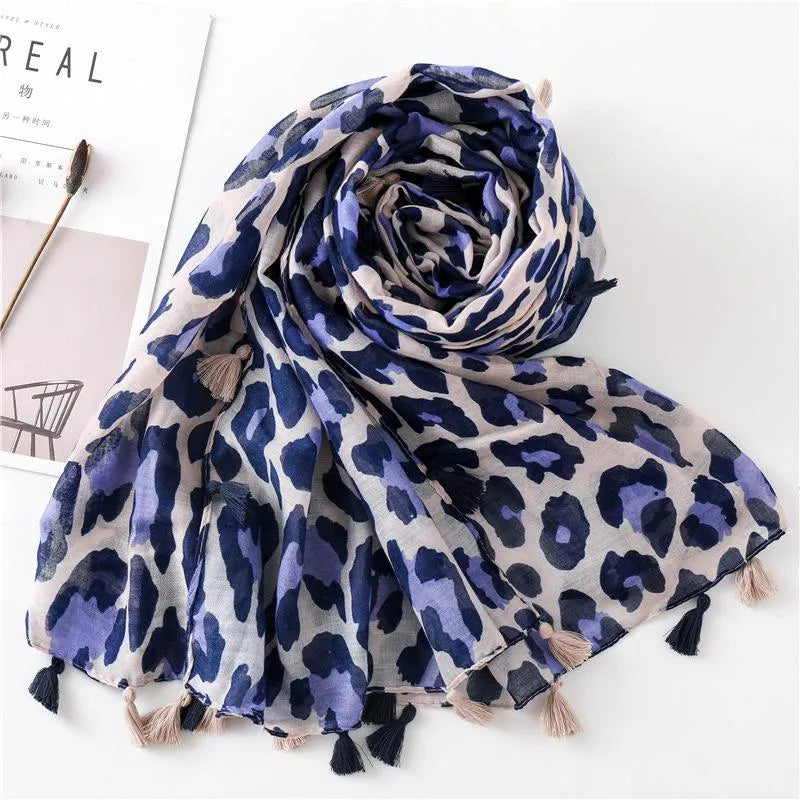 Spring Summer Cotton Leopard Print Scarf With Tassel | Blue