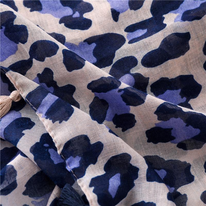 Spring Summer Cotton Leopard Print Scarf With Tassel | Blue