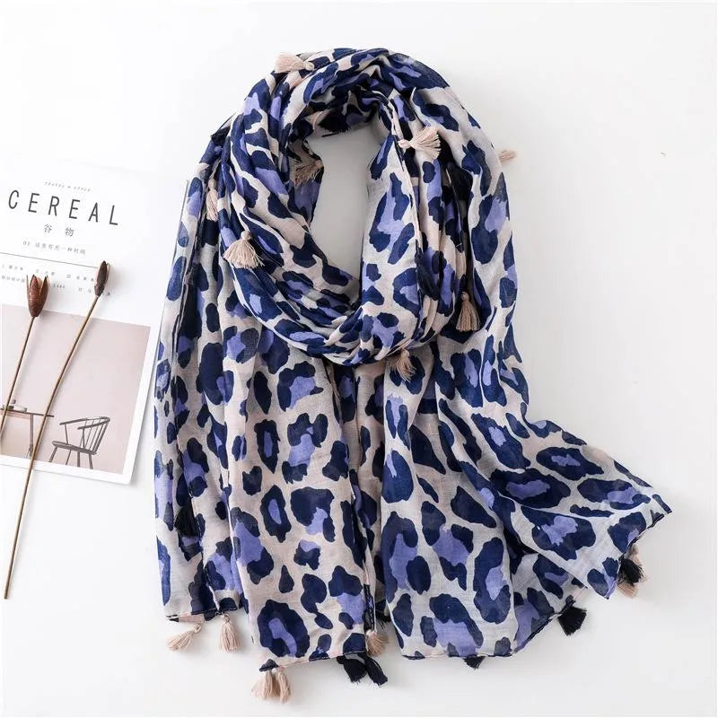 Spring Summer Cotton Leopard Print Scarf With Tassel | Blue