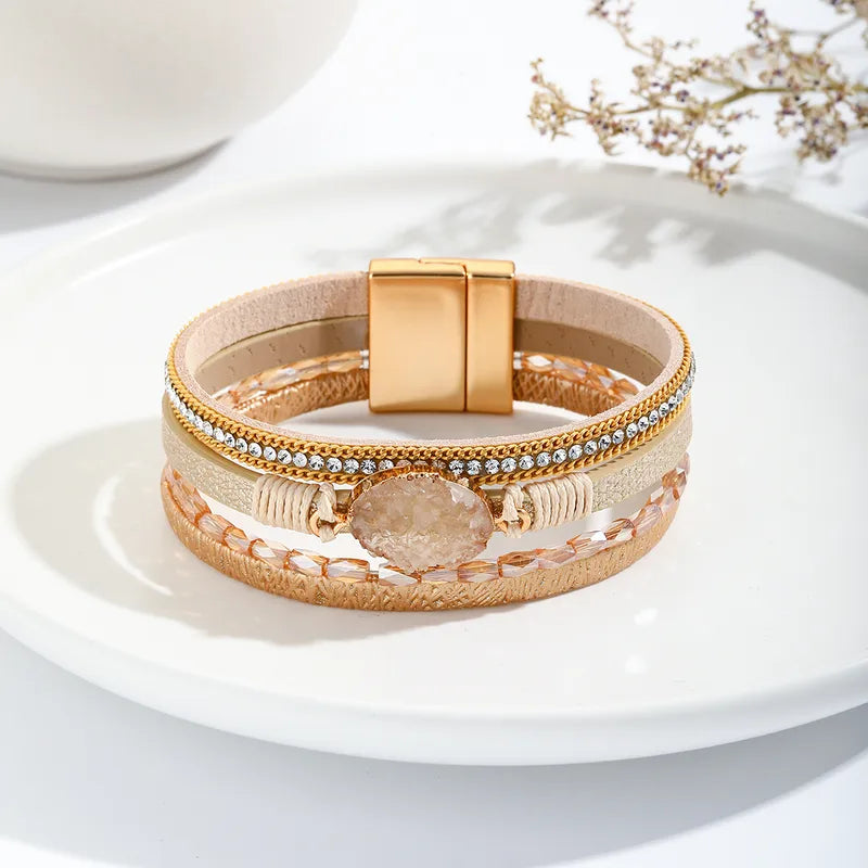 Geometric Beaded Artificial Crystal Women's Bangle | Gold / Beige