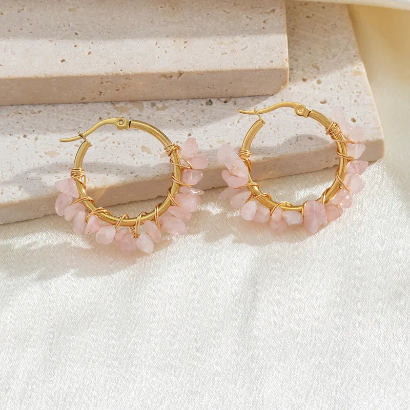 Bohemian Natural Stone Hoop Earrings | Pink