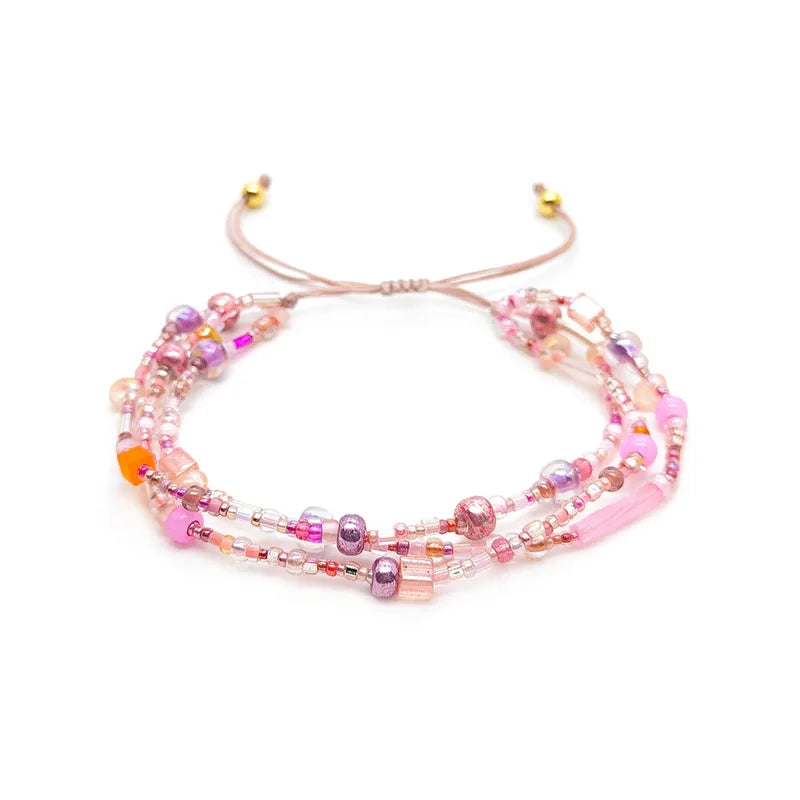 Bohemian Beaded Beach Multistrand Bracelet | Pink