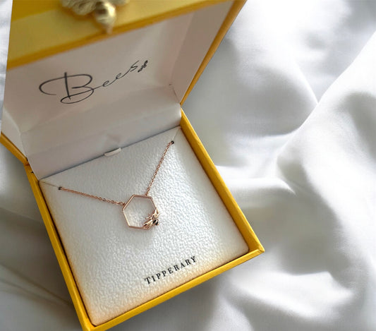 Bee Hexagonal Pendant | Rose Gold