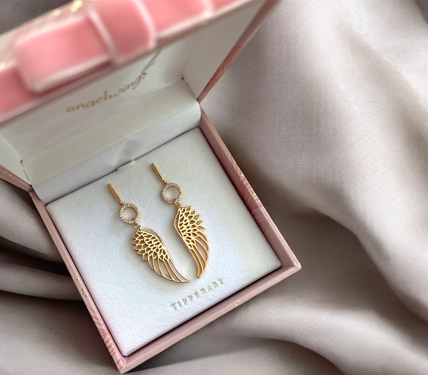 Angel Wing Bar & Crystal Drop Earrings | Rose Gold