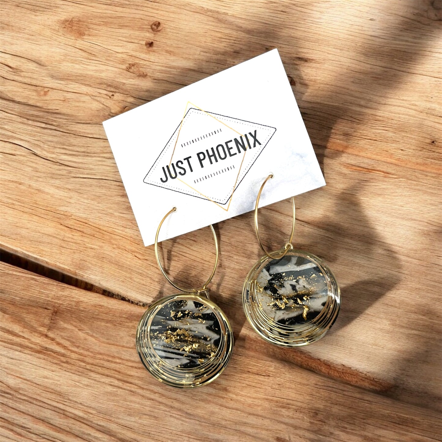 Just Phoenix  Earrings | Polymer Clay Black & Gold Hoop