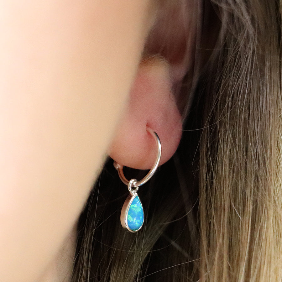 Sterling Silver Open Hoop Blue Opal Drop Earrings