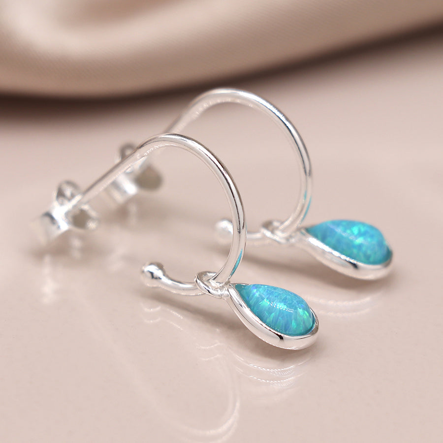 Sterling Silver Open Hoop Blue Opal Drop Earrings