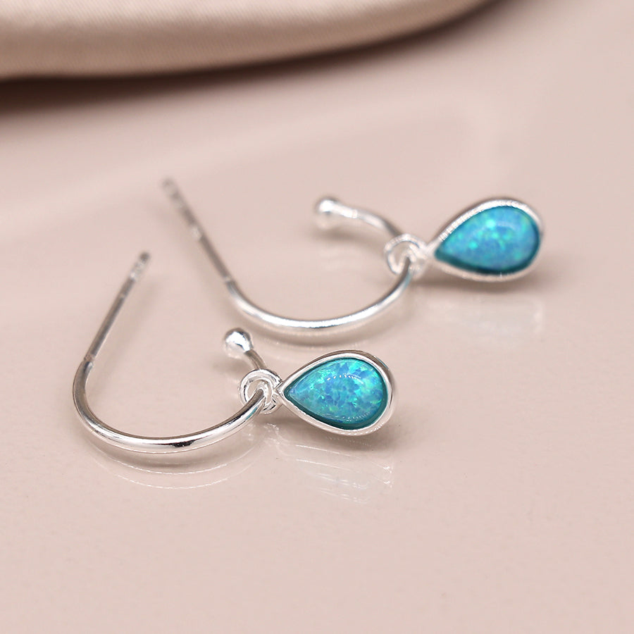 Sterling Silver Open Hoop Blue Opal Drop Earrings