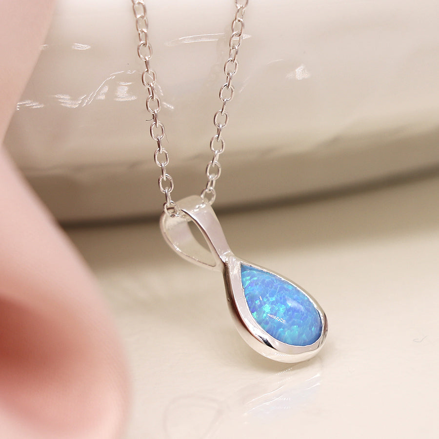 Sterling Silver Teardrop Blue Opal Necklace