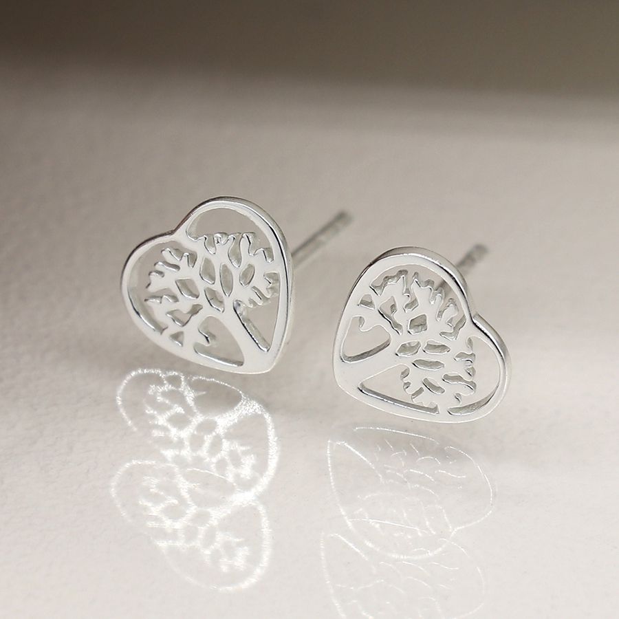 Sterling Silver Tree Of Life Heart Studs