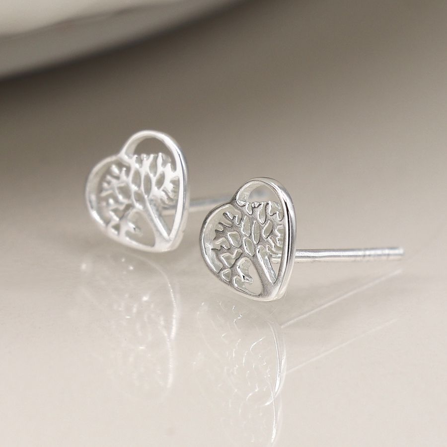 Sterling Silver Tree Of Life Heart Studs