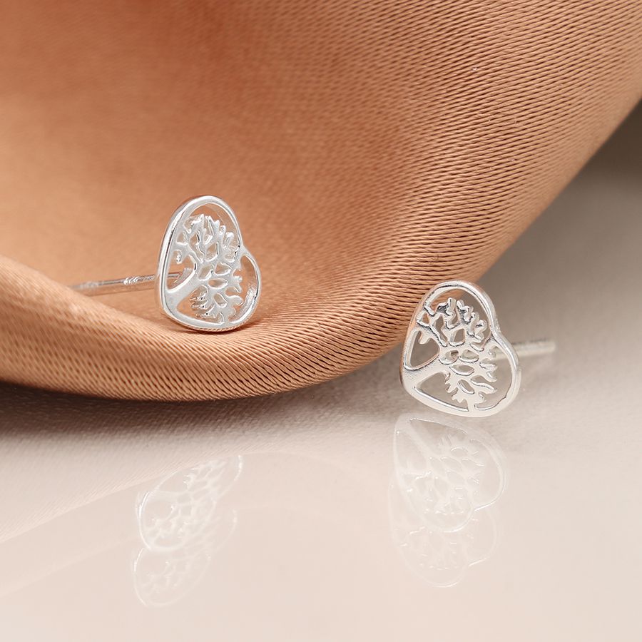 Sterling Silver Tree Of Life Heart Studs