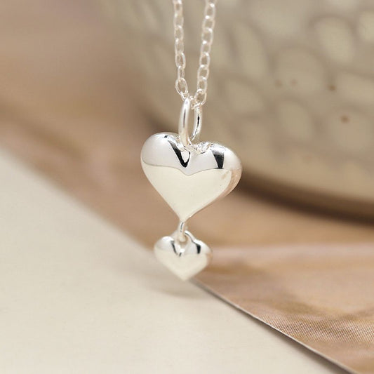 Sterling Silver Double Puff Heart Necklace