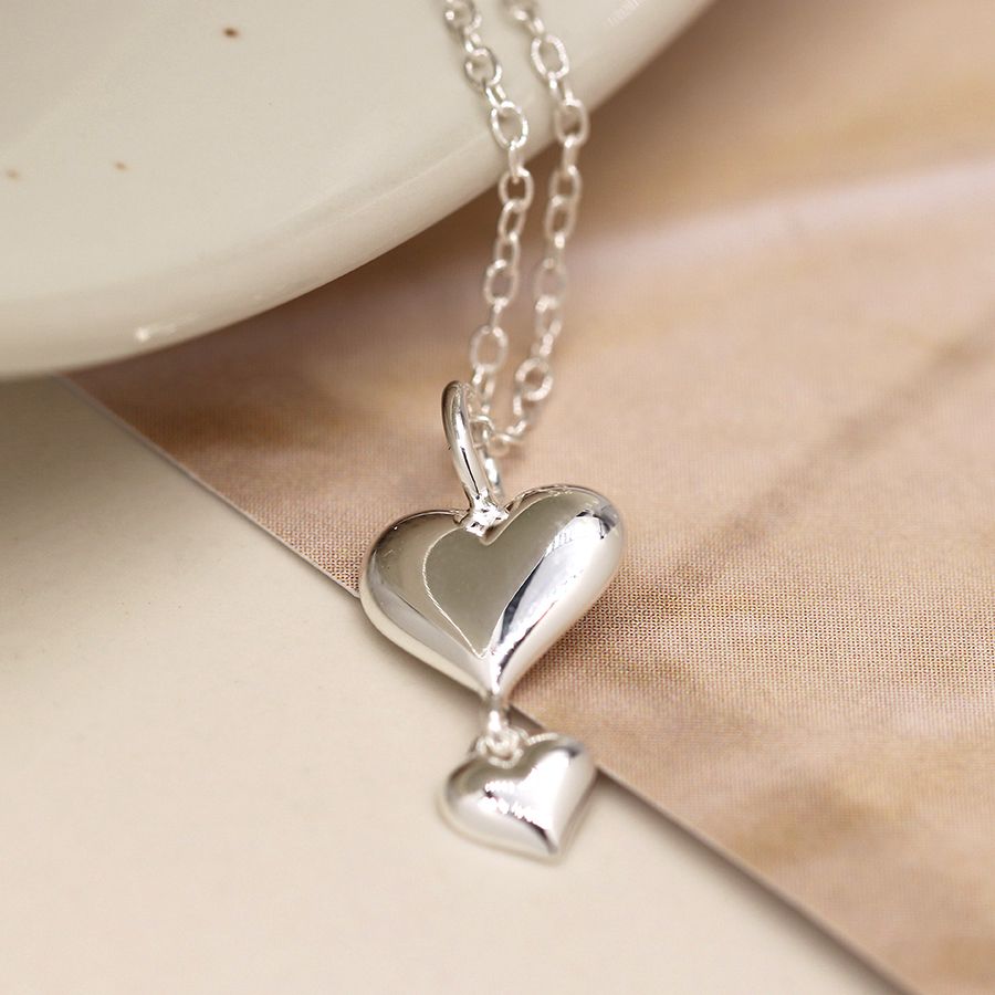 Sterling Silver Double Puff Heart Necklace