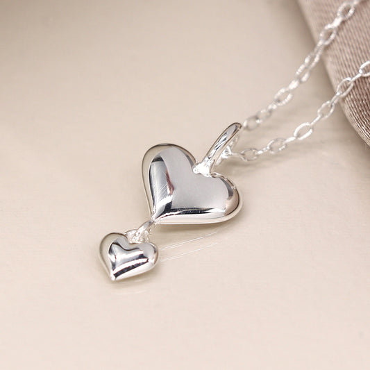 Sterling Silver Double Puff Heart Necklace