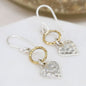 Sterling Silver Hammered Hoop & Heart Two Tone Drop Earrings