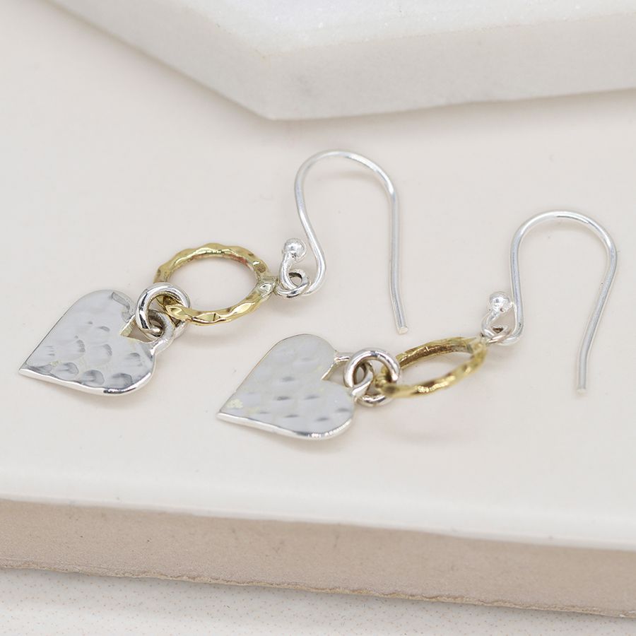 Sterling Silver Hammered Hoop & Heart Two Tone Drop Earrings