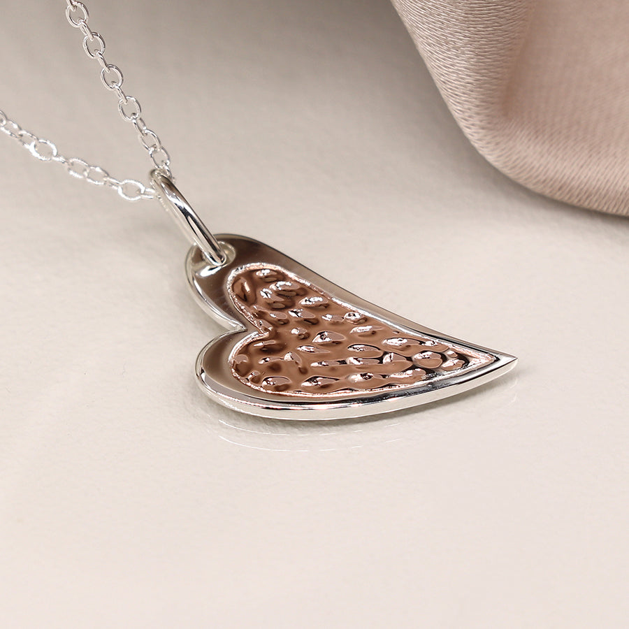 Sterling Silver & Rose Gold Textured Heart Necklace