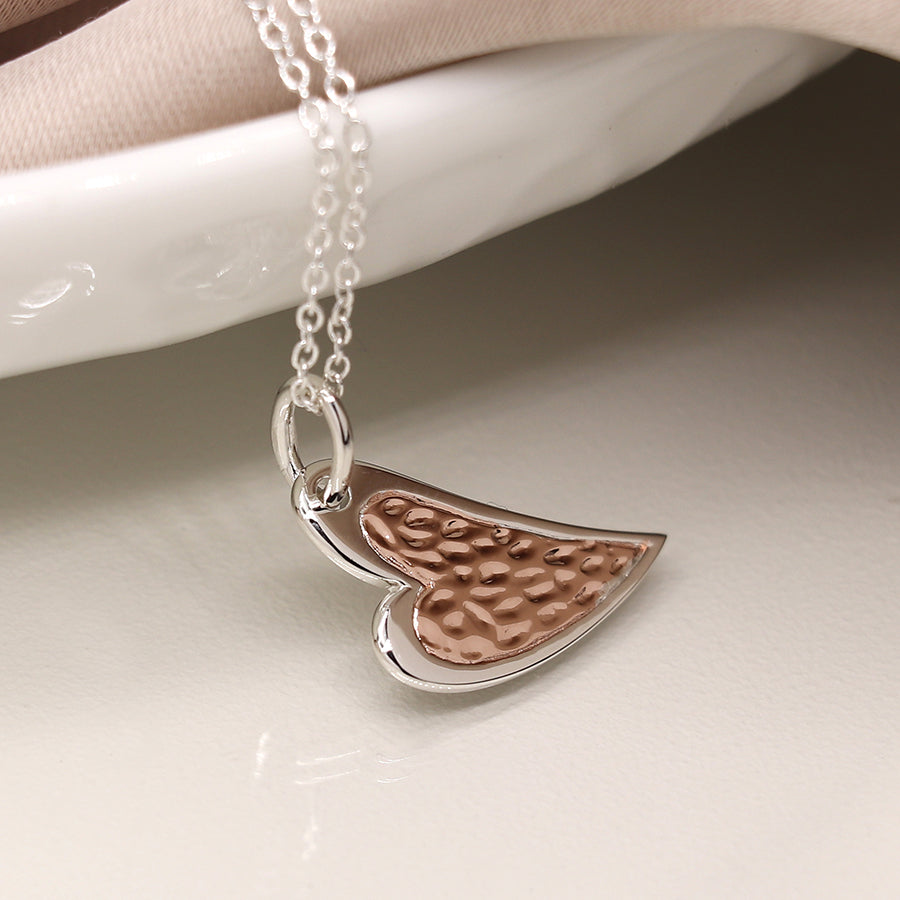 Sterling Silver & Rose Gold Textured Heart Necklace