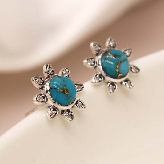 Sterling Silver Turquoise & White Topaz Flower Earrings