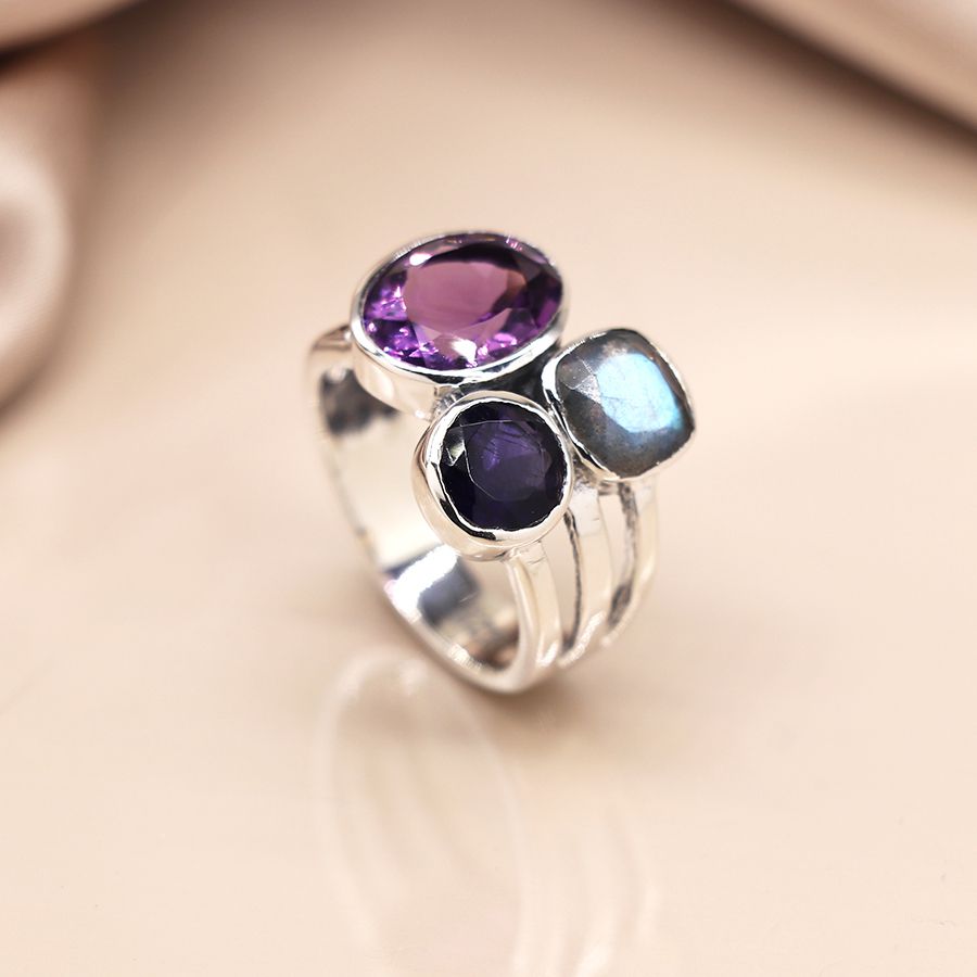 Sterling Silver Tri-Stone Ring With Amethyst, Lolite and Labradorite