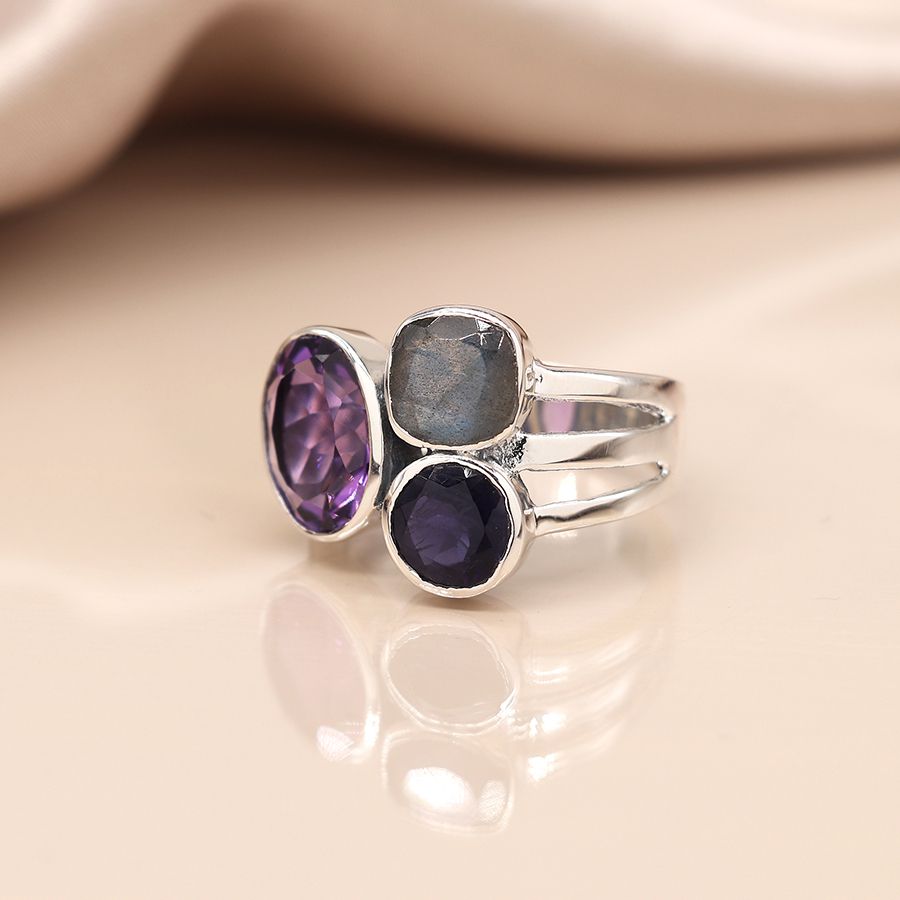 Sterling Silver Tri-Stone Ring With Amethyst, Lolite and Labradorite