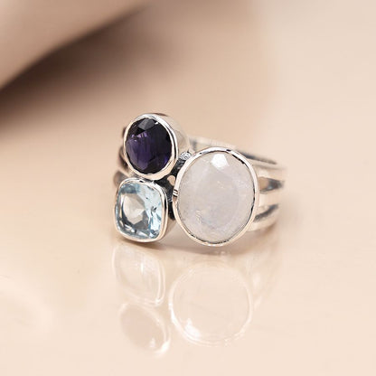 Sterling Silver Tri-Stone Ring With Moonstone, Iolite and Topaz