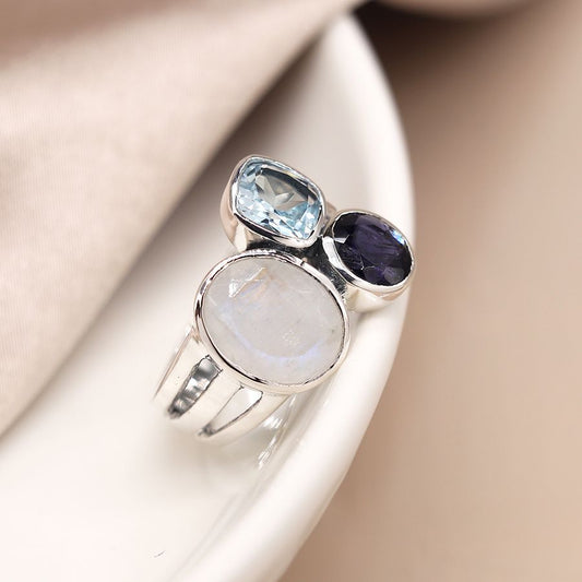 Sterling Silver Tri-Stone Ring With Moonstone, Iolite and Topaz