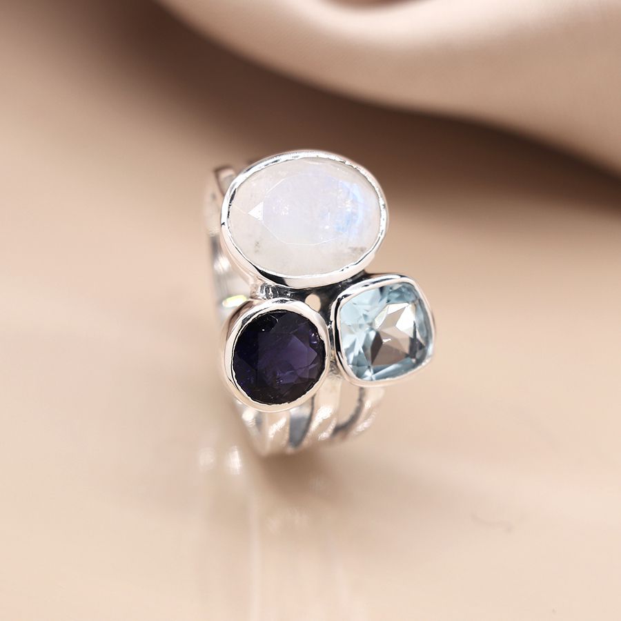 Sterling Silver Tri-Stone Ring With Moonstone, Iolite and Topaz