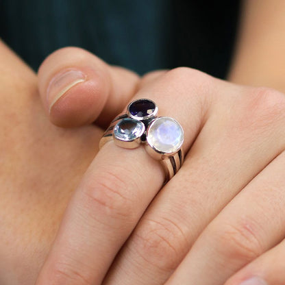 Sterling Silver Tri-Stone Ring With Moonstone, Iolite and Topaz