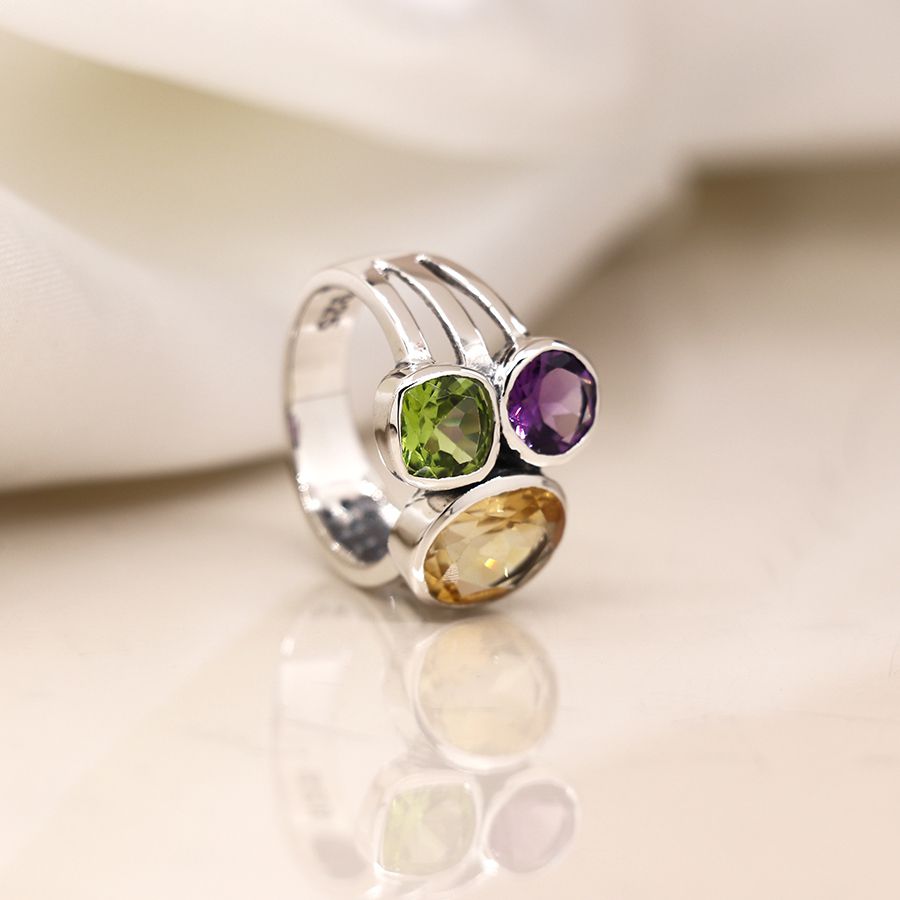 Sterling Silver Tri-Stone Ring With Amethyst, Peridot and Citrine