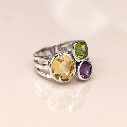 Sterling Silver Tri-Stone Ring With Amethyst, Peridot and Citrine