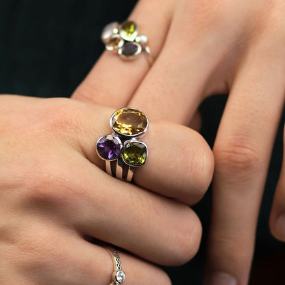 Sterling Silver Tri-Stone Ring With Amethyst, Peridot and Citrine