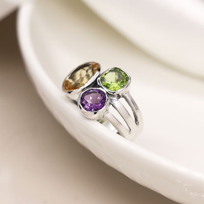 Sterling Silver Tri-Stone Ring With Amethyst, Peridot and Citrine