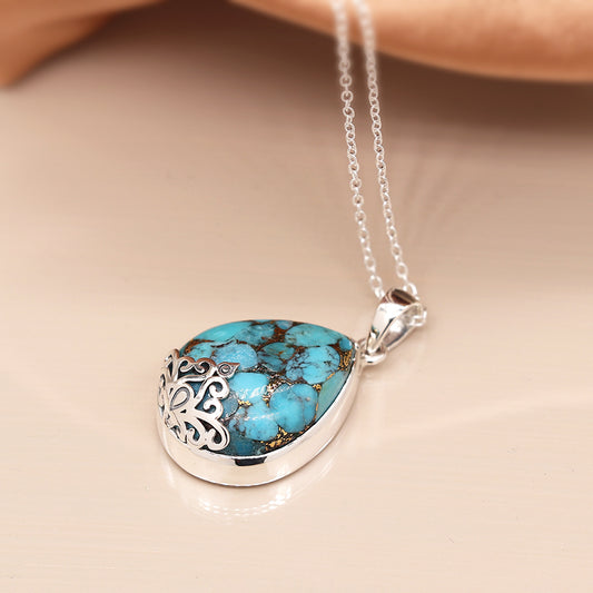 Sterling Silver Copper Turquoise Jali Detail Necklace