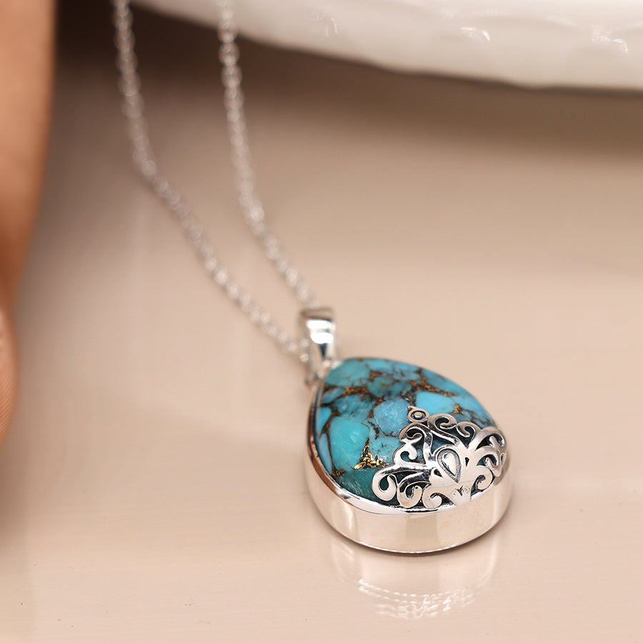 Sterling Silver Copper Turquoise Jali Detail Necklace