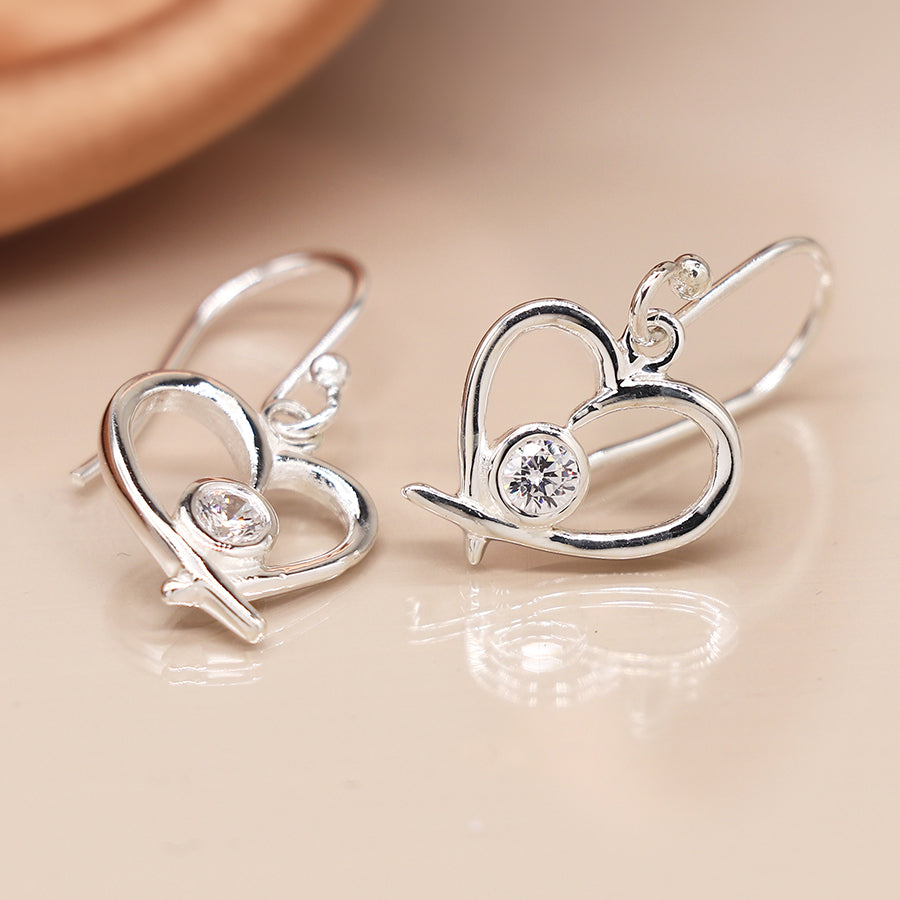 Sterling Silver & CZ Crystal Heart Drop Earrings