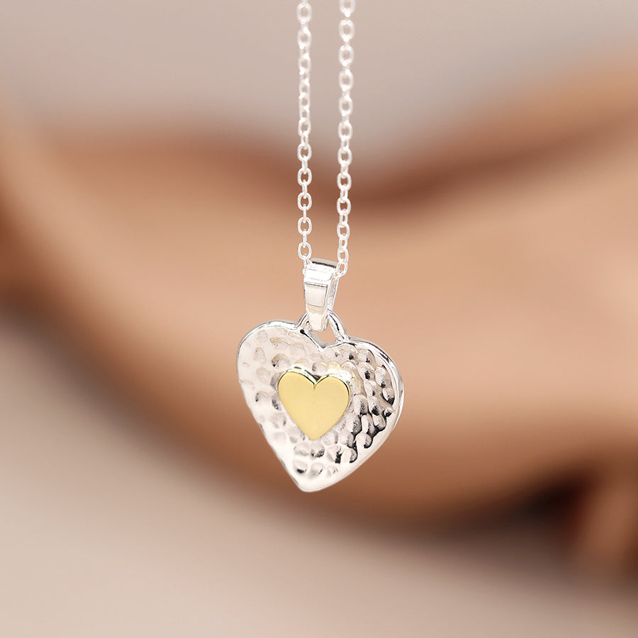 Sterling Silver & Brass Hammered Heart Necklace