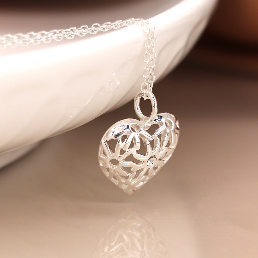 Sterling Silver Jali Heart & Crystal Necklace