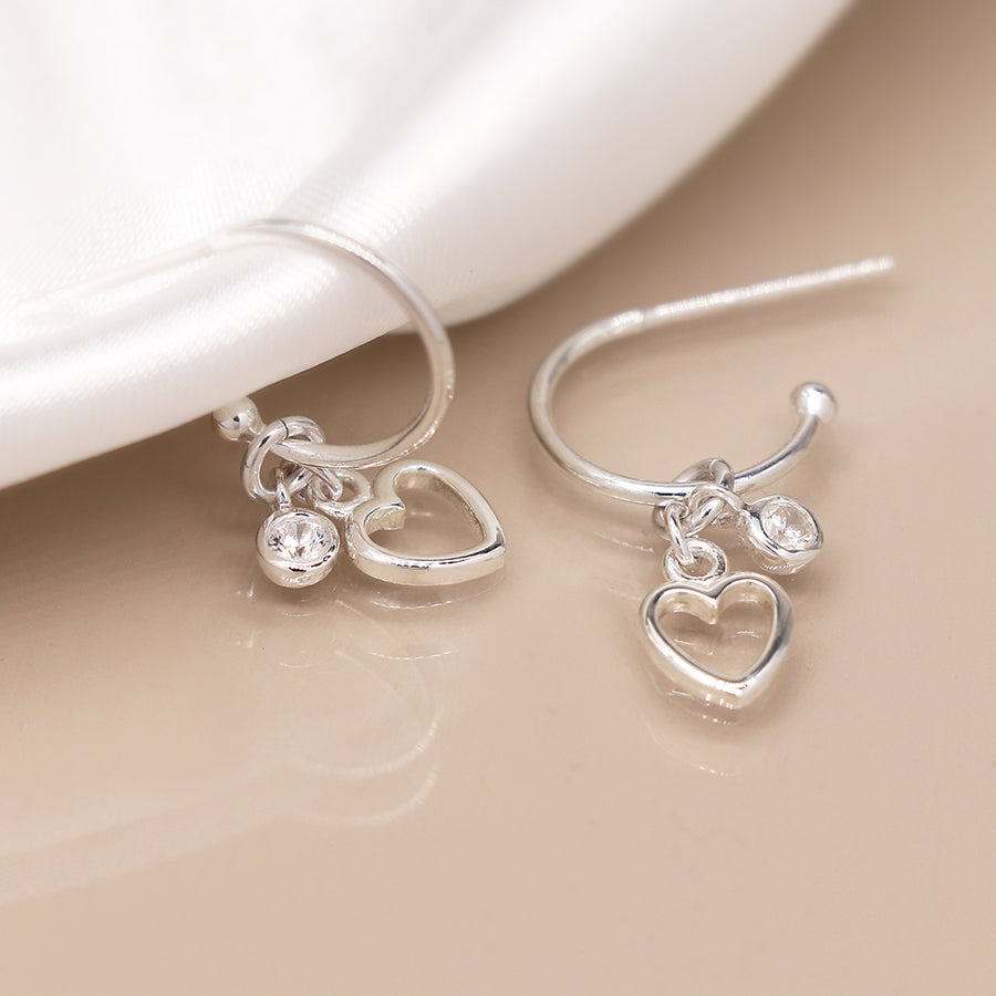 Sterling Silver C-Post Heart & Crystal Earrings