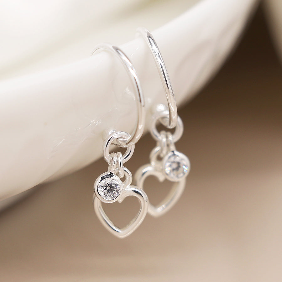 Sterling Silver C-Post Heart & Crystal Earrings