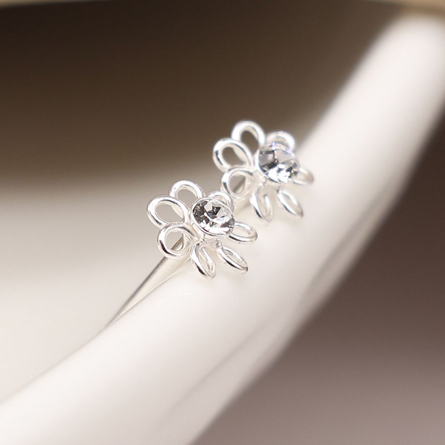 Sterling Silver Tiny Flower & Rhinestone Studs