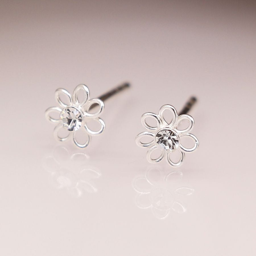 Sterling Silver Tiny Flower & Rhinestone Studs