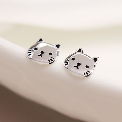 Sterling Silver Cat Face Stud Earrings