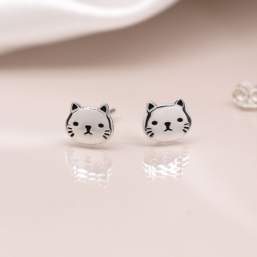 Sterling Silver Cat Face Stud Earrings