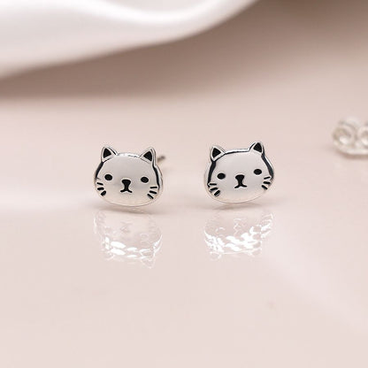 Sterling Silver Cat Face Stud Earrings