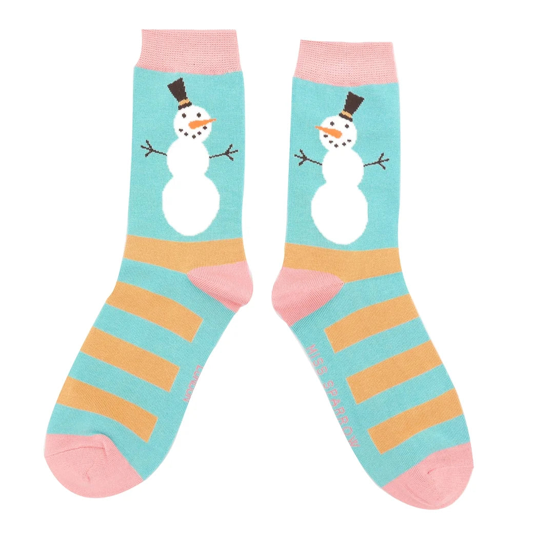 Bamboo Socks | Snowman Stripe Socks Duck Egg