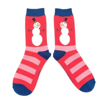 Bamboo Socks | Snowman Stripe Socks Red