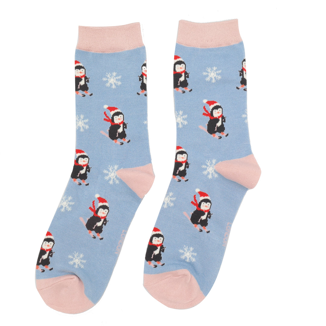 Bamboo Socks | Skiing Penguins Powder Blue